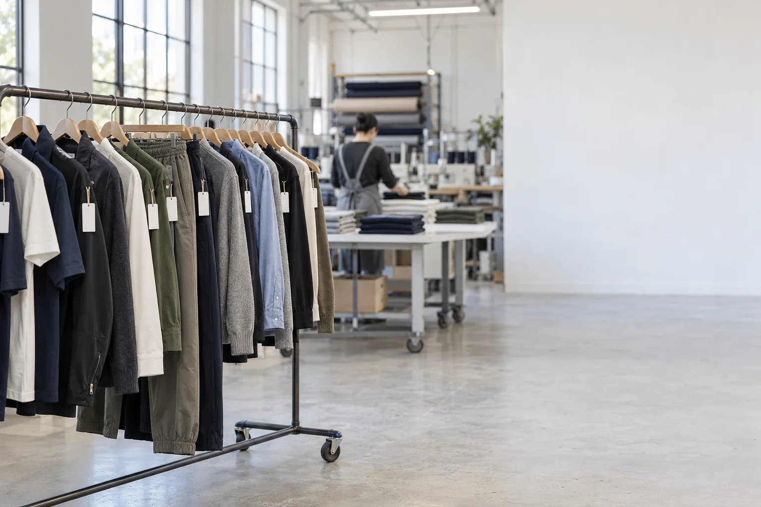 Custom Clothing Manufacturers 1 Rack of finished custom garments in a clothing factory finishing area