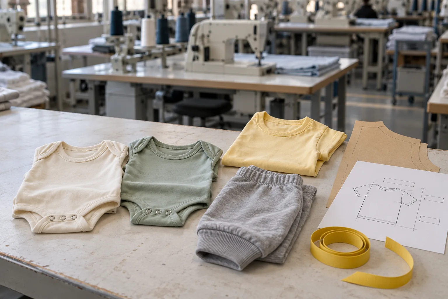 Folded baby bodysuits, a kids tee and joggers on a table with a paper pattern and tape measure