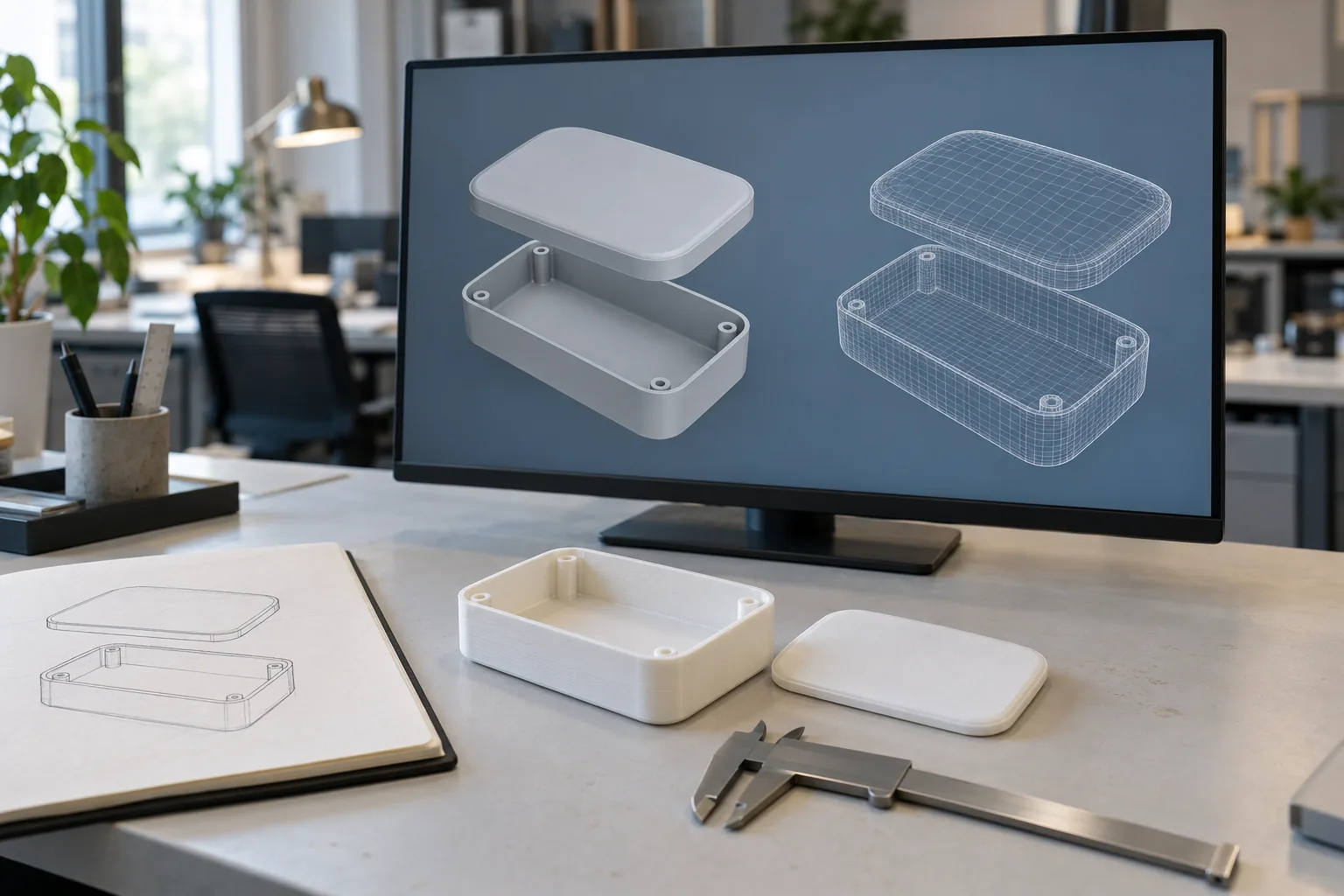 CAD model of an enclosure on a monitor beside the printed part, calipers and a sketchbook