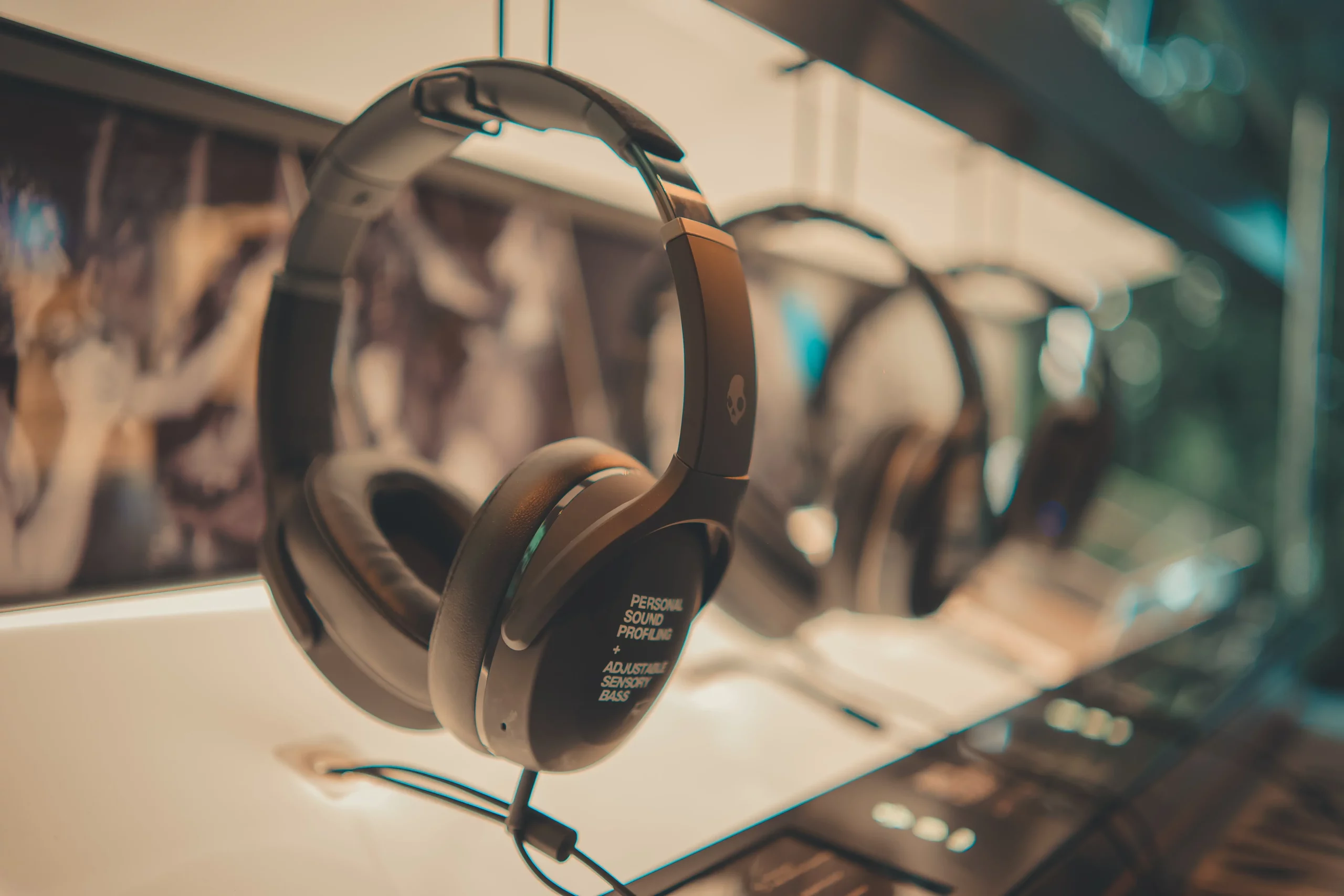 headphones on display after production