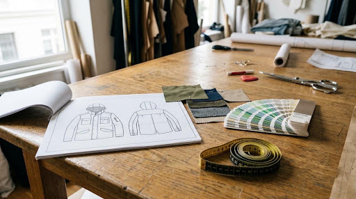 Tech pack template with flat sketches and fabric swatches on a design table