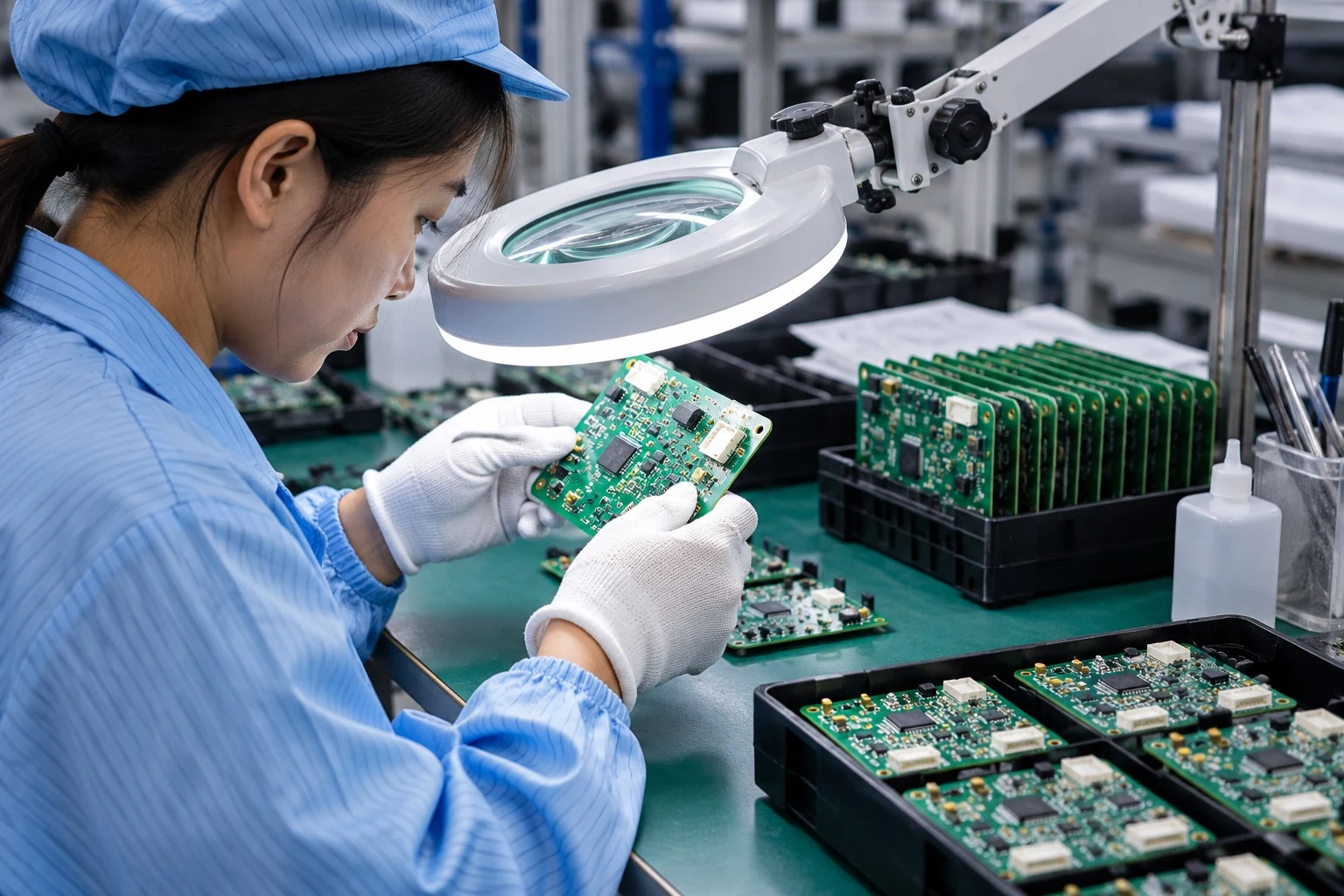 Operator inspecting a PCB at a custom electronics manufacturer