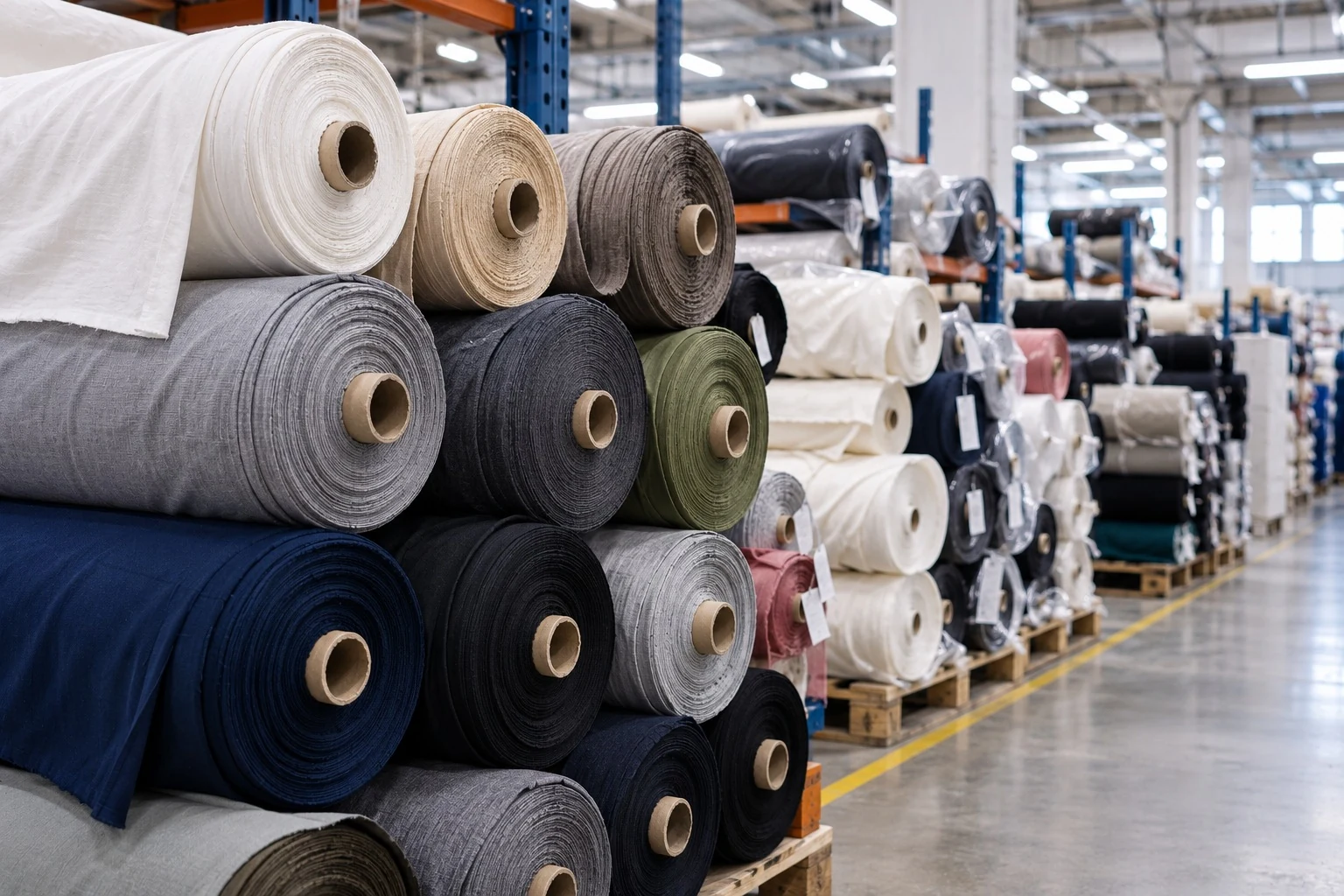 Fabric rolls stocked by a custom clothing manufacturer
