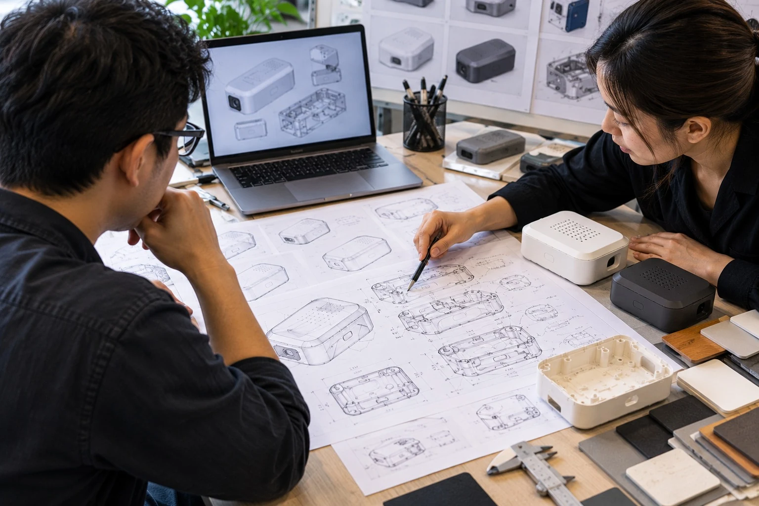 Designers sketching a product, as product design companies do before manufacturing
