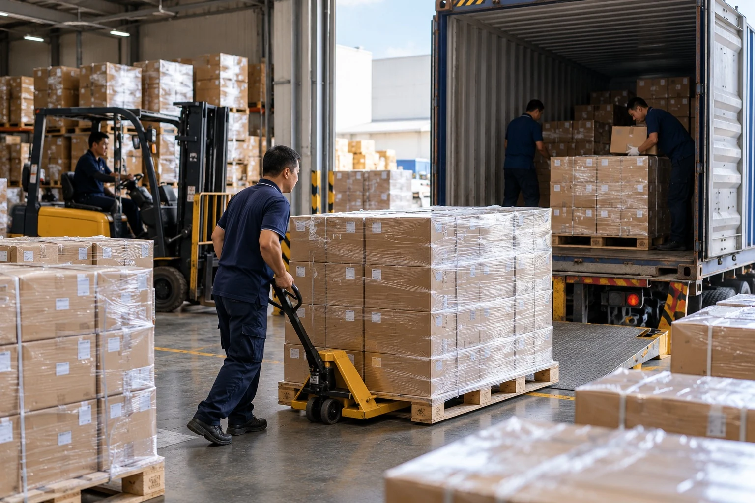 Packed cartons at a loading dock ready for shipment