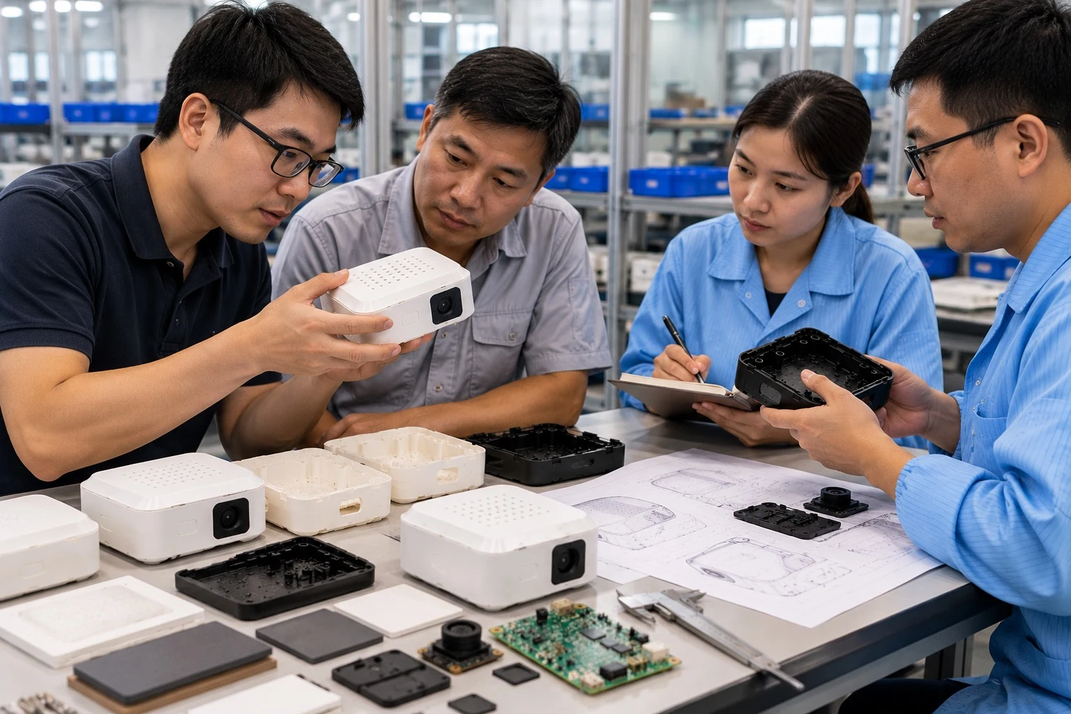 Team reviewing product samples during sourcing