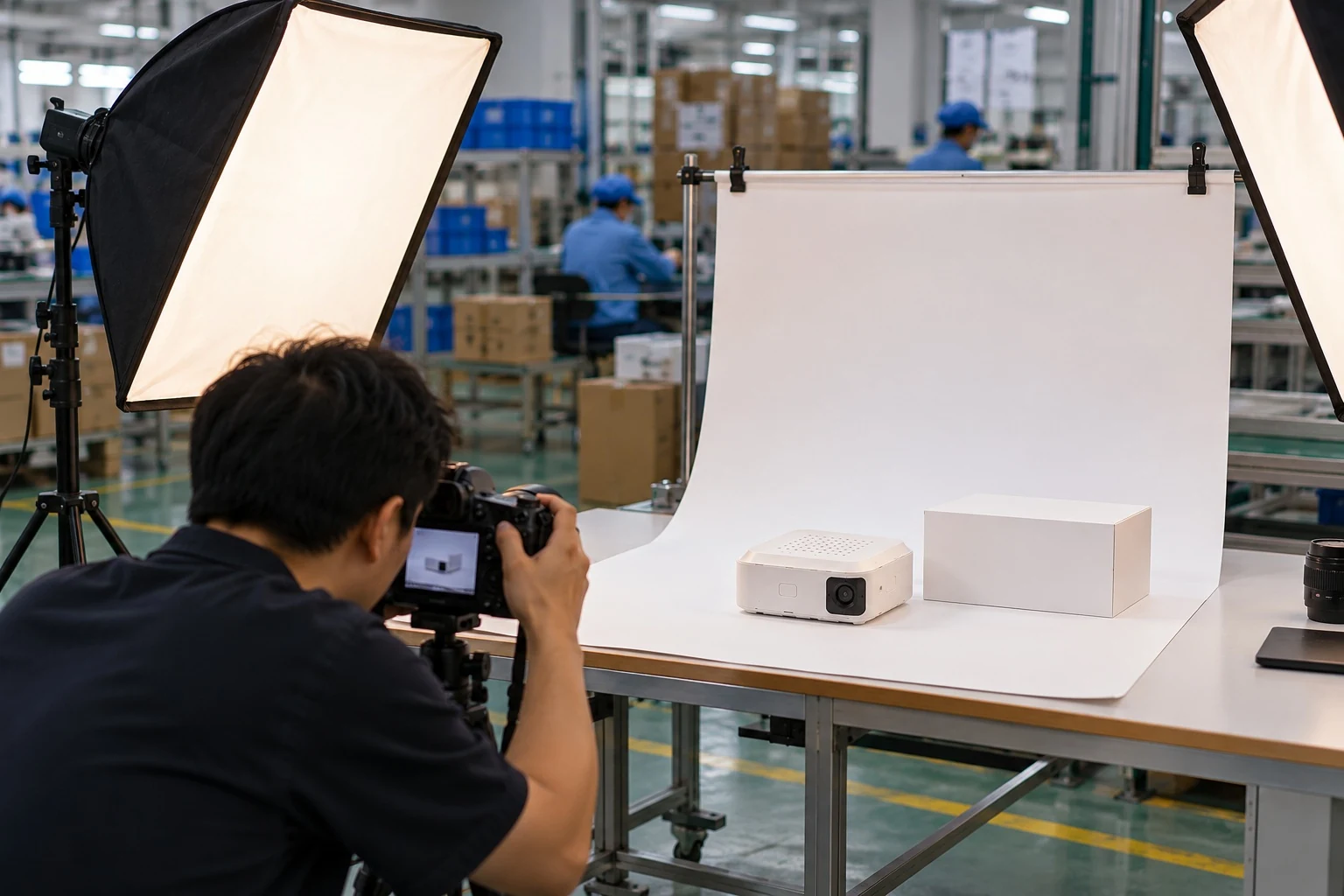 Camera filming a product for manufacturing videos