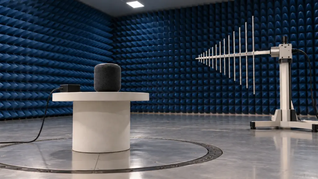 A speaker and its cables undergo emissions testing relevant to ce marking vs fcc requirements.