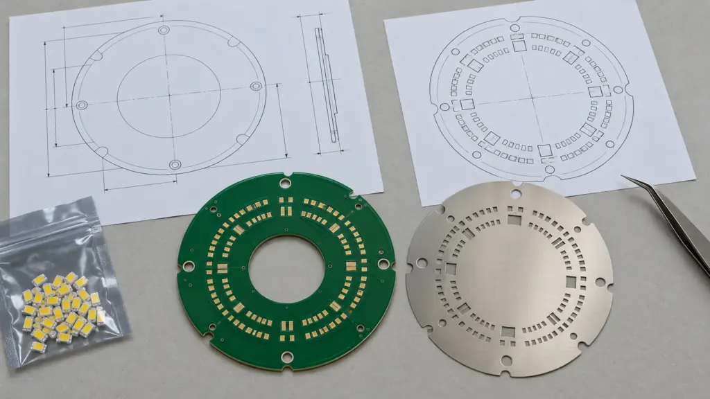 A circular board, stencil and drawings illustrate pcb files for manufacturing.