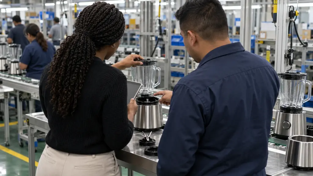 A sourcing professional and factory engineer inspect a blender for sourcing agent vs factory direct.